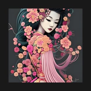 Beaux Animes Art Fantasy Japanese Geisha Girl with flowers Illustration Design T-Shirt