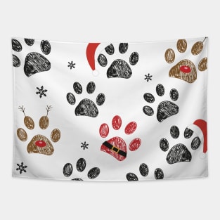 Paw prints with Santa Claus, deer and red hat Tapestry