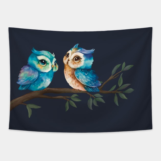 Couple of Owls in Love at Night Tapestry by Art by Biyan