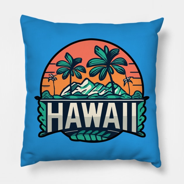 Hawaii Retro Sunset Pillow by TooplesArt