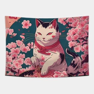 Japanese Cat in a Peach Blossom Garden Tapestry