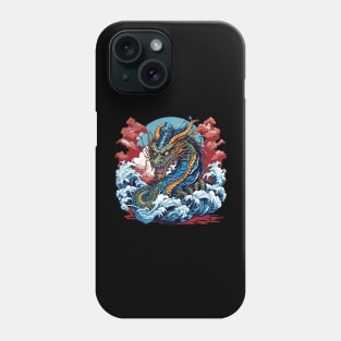 Dragon against the backdrop of a setting sun bathed in ocean waves Phone Case