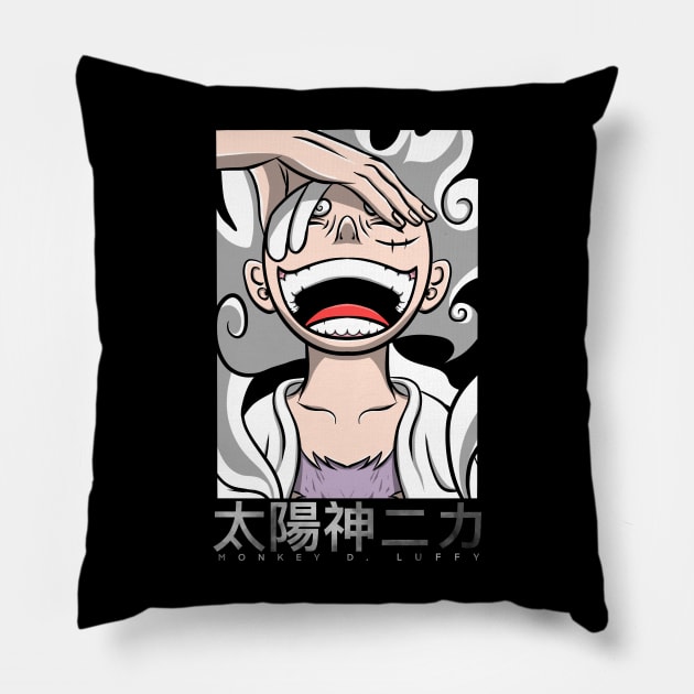 Luffy Laughing on Gear 5 Sun God Nika Mode Pillow by fandi.creations