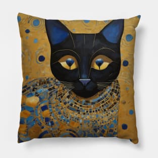 Klimt Black Cat in Elegant Blue and Gold Robe Pillow