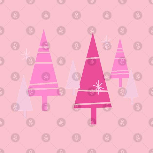 Retro Christmas Trees Pink - Mid Century Modern White by PUFFYP
