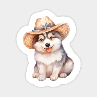 Watercolor Siberian Husky Dog in Straw Hat Magnet