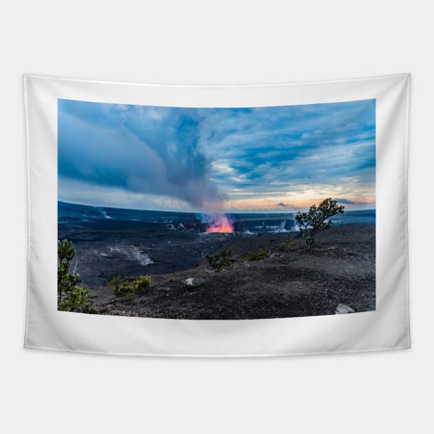 Landscape of erupting volcano Tapestry by KensLensDesigns