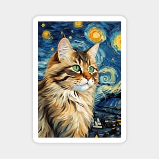 Cute Siberian Cat Breed Painting in a Van Gogh Starry Night Art Style Magnet