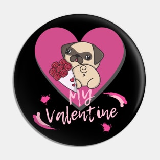 My Valentine with a Kawaii Style Dog Pink Heart and Flowers Pin