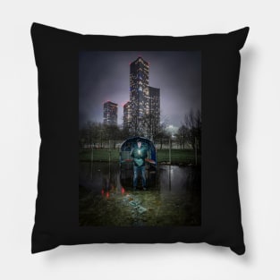 Man with Phone in Urban Park with Skyscrapers Behind Pillow