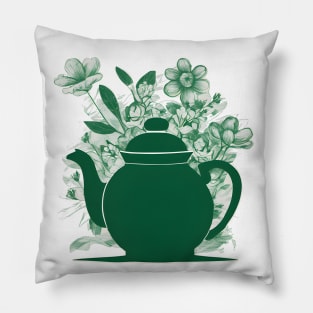 Pot of green Tea and Flowers Pillow