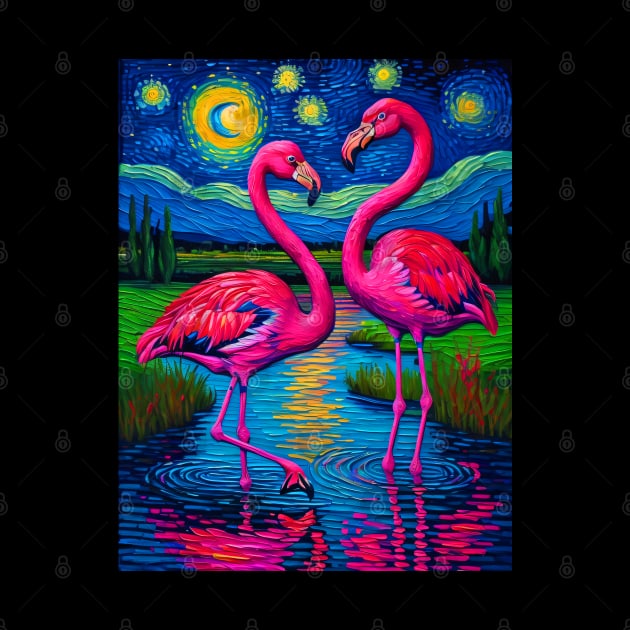 Flamingos in starry night by FUN GOGH