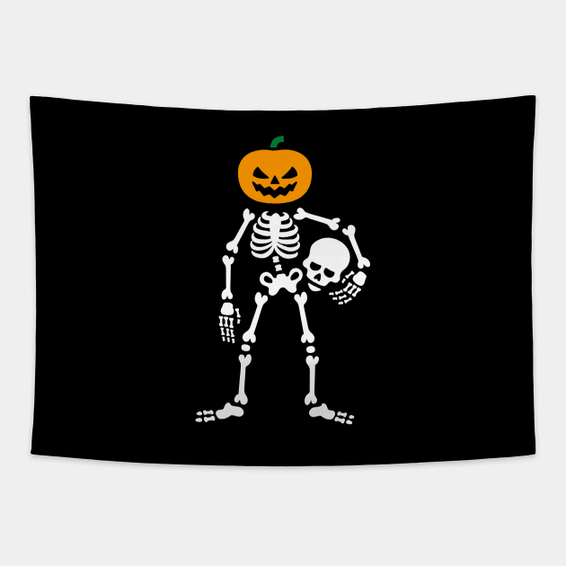 Skeleton holding skull - pumpkin Head Halloween Tapestry by LaundryFactory