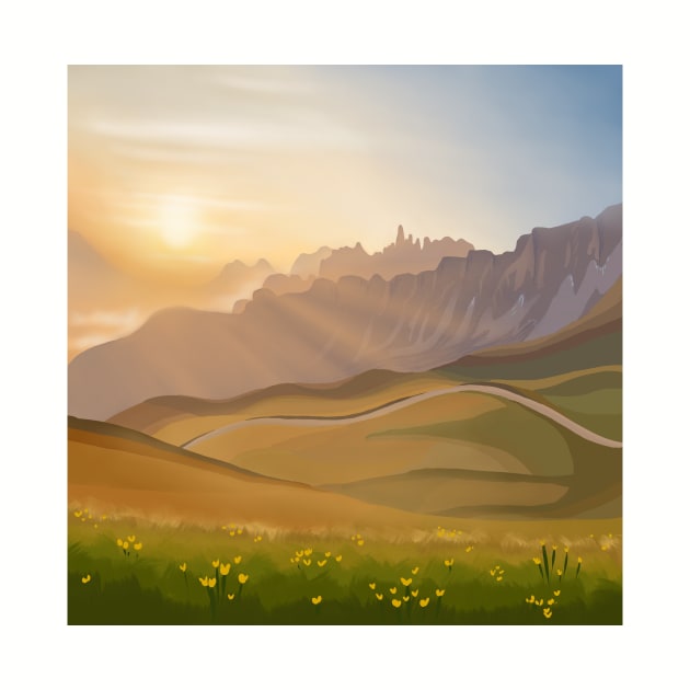 Golden Sunrise Over Hilly Green Fields and Yellow Tulips Landscape Digital Illustration by AlmightyClaire