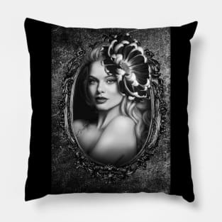 Dark Black and white black lips SHADE OF GRAYS, BEAUTIFUL girl portrait artwork Pillow