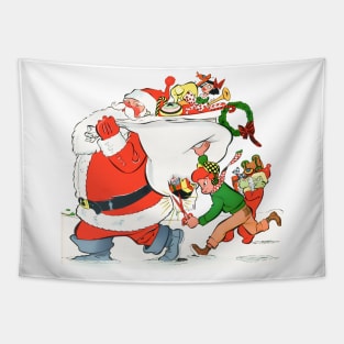 A boy cuts Santa's gift bag with scissors to steal toys on Merry Christmas night in the snow Retro Vintage Comic Cartoon Tapestry