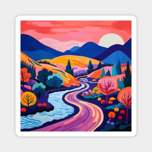 Digital Landscape Art in the Style of Matisse - Orange Sky, Blue Mountain, Orange Valley Magnet