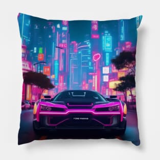 Dark Neon Sports Car in Asian Neon City Pillow