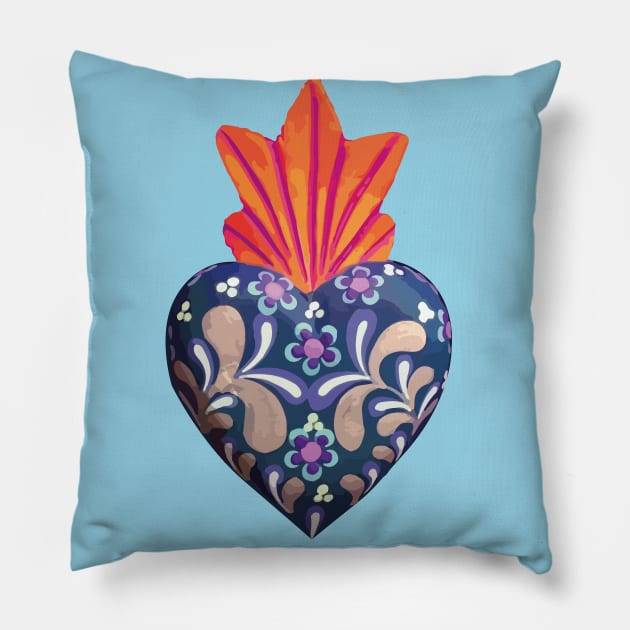 Mexican folk art sacred heart Oaxacan wood carving hand painted flower milagrito blue bold decoration Pillow by T-Mex