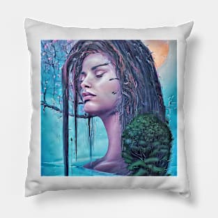 Beautiful portrait of pretty young woman face in blue mood Pillow