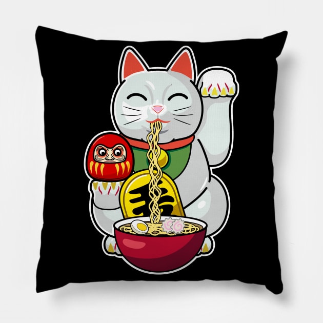 Cute Cat Eating Ramen, Maneki Neko Ramen Pillow by AtomicBullfrog