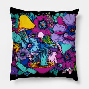 Psychedelic Garden - Flowers and Mushrooms Pillow