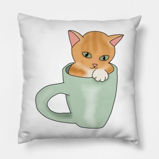 Kitty in a cup (fluffy orange cat) Pillow