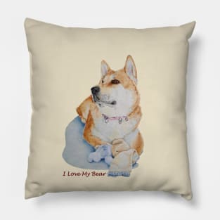 portrait of cute akita dog and teddy bear Pillow