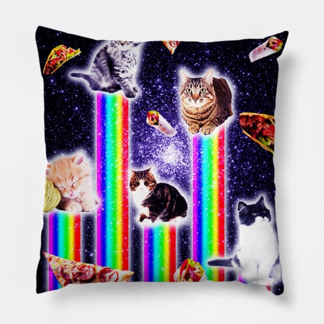 Outer Space Galaxy Cats With Rainbow Pillow by Random Galaxy