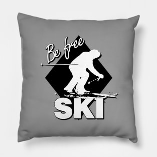 Be Free SKI Text Design White Silhouette Downhill Skier on Expert Level Black Diamond Shape Pillow