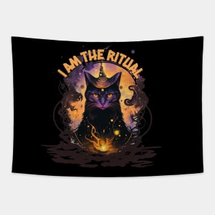 I am the ritual, witchy black cat, empowering design, embrace your unique path to meditation and manifestation Tapestry