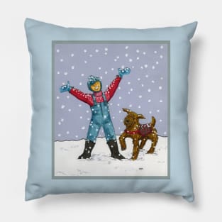 Boy and Dog in Snow Pillow