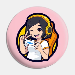 Cute Girl winking eye with headphones and showing victory Pin