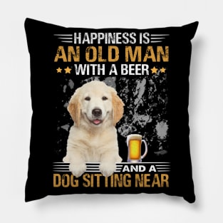 Happiness Is An Old Man With A Beer And A Golden Retriever Sitting Near Pillow