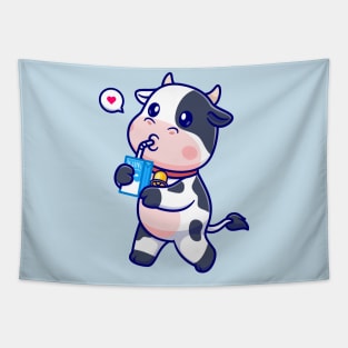 Cute Cow Drinking Milk Cartoon Tapestry