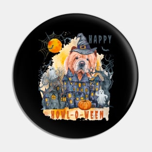 Chow Chow Happy Howl-o-ween Ghost Houses Funny Watercolor Pin