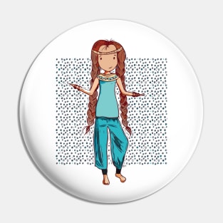 Cute bohemian girl with super long brown braids and turquoise hippie clothing Pin