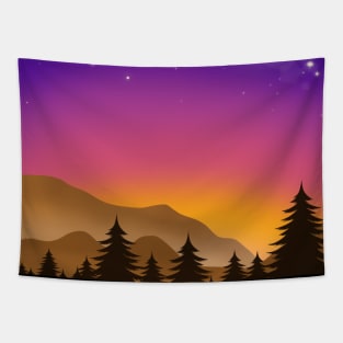 Midnight Purple Sky with Glowing Stars and Pine Trees Landscape Tapestry