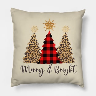 Merry and Bright Christmas Trees - Leopard Print and Buffalo Check Pillow