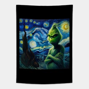 Whimsical Night: Mischievous Green Character - Starry Night Inspired Holiday Art Tapestry