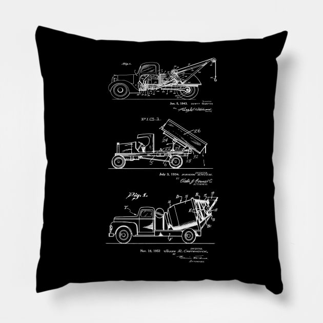 3 Trucks - Dump Truck, Tow Truck, Cement Truck Patents Pillow by MadebyDesign