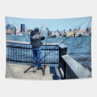 Hoboken NJ - Man Fishing Off Hoboken Pier Tapestry