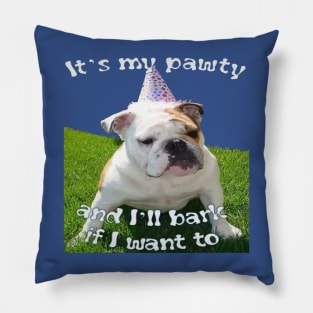 Its My Pawty Grumpy Bulldog Wearing Birthday Party Hat Pillow