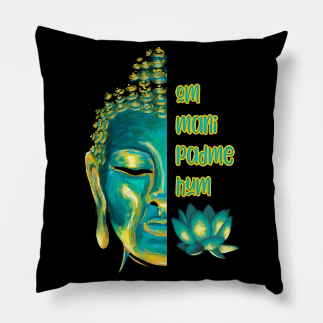 Om Mani Padme Hum Buddha Face Buddhist Mantra Pillow by Get Hopped Apparel