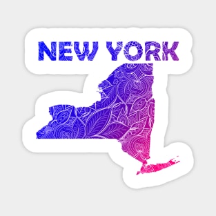 Colorful mandala art map of New York with text in blue and violet Magnet