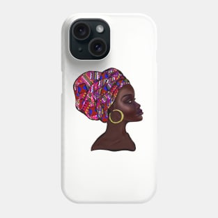 Afro queen With pink Kinte headwrap- Mahagony brown skin girl with thick glorious, curly Afro Hair and gold hoop earrings Phone Case