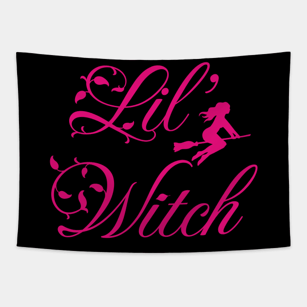 Lil' witch; little witch; girl; Halloween; trick or treater; cute; hot pink; black; witches; broom; magic; Tapestry by Be my good time