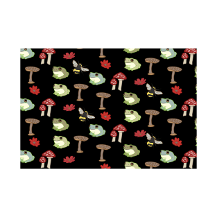 Frog and Mushroom Pattern with Black Background T-Shirt