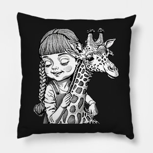 Girl And Giraffe Illustration Pillow