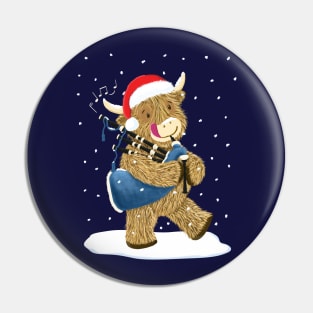 Scottish Highland Cow Piper Plays Bagpipes In Christmas Snow Pin